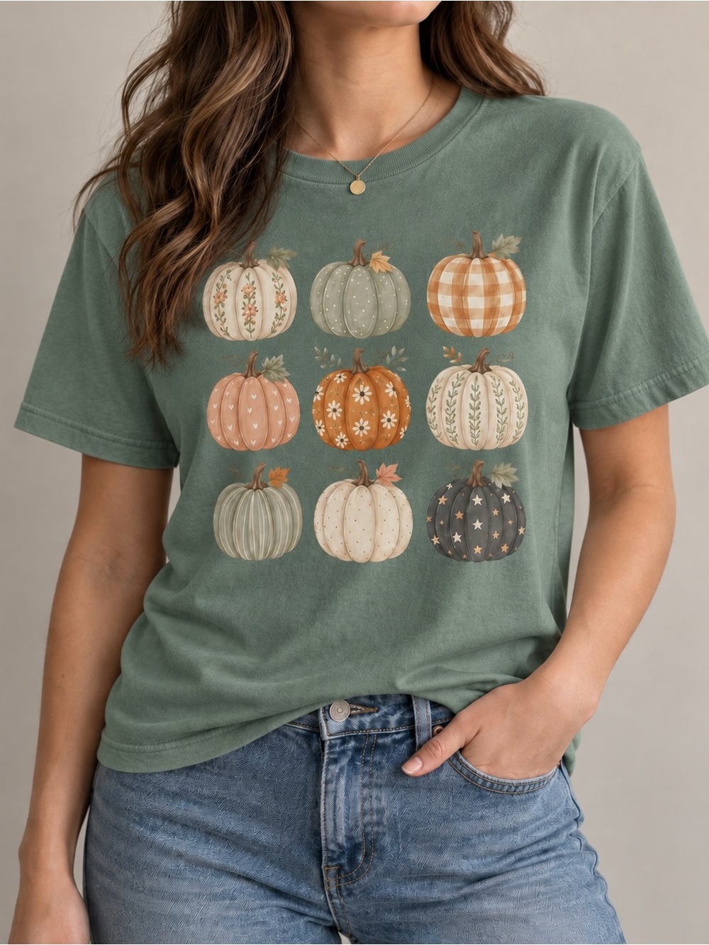 Boho Patterned Pumpkins Cottagecore Fall Aesthetic Statement Womens Graphic Tee